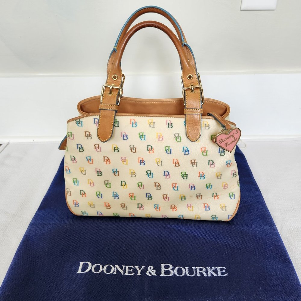 Dooney & Bourke Cream Multicolor Logo Satchel with Tan Trim